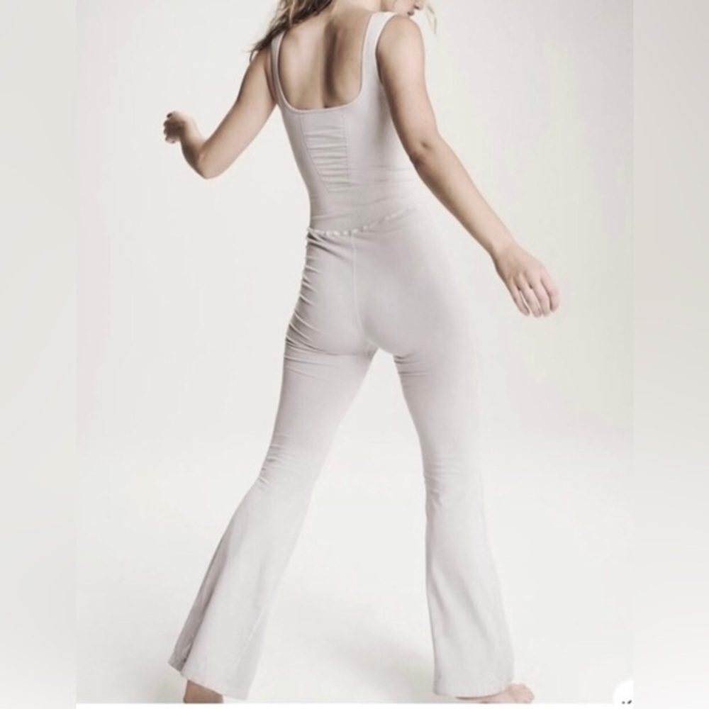 Free People movement ice gray good karma flared onesie jumpsuit size XS/S new